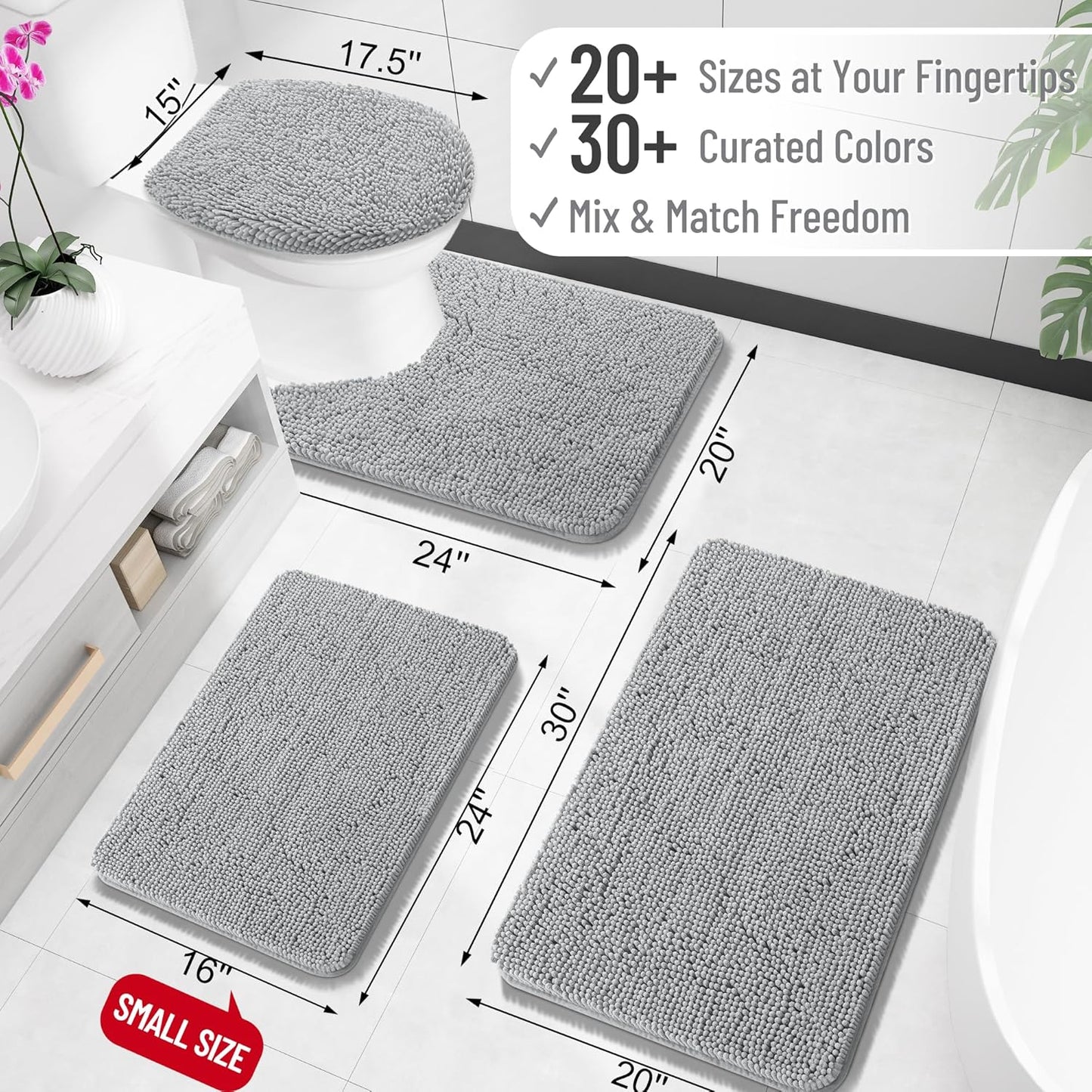 OLANLY U-Shaped Toilet Rugs - Extra Soft Chenille, Quick-Dry, Non-Slip Bath Mat | 24x20, Light Grey