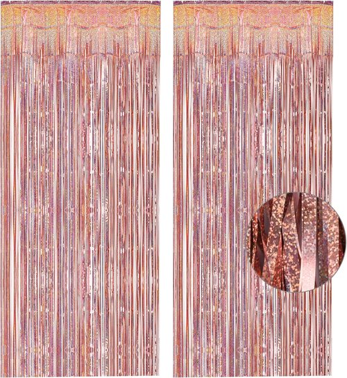 GREATRIL Rose Gold Tinsel Curtain Backdrop - Foil Fringe Streamers for Bachelorette Party | 2 Pack