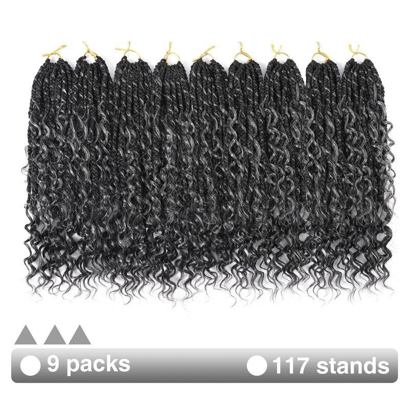 SALANNO Tornado Colorful Spirals Goddess Pre-looped Box Braid Extensions Crochet Hair for Black Women - Synthetic Boho Crochet Braids with Curly Ends(14inch, 9packs, 1B/Grey)