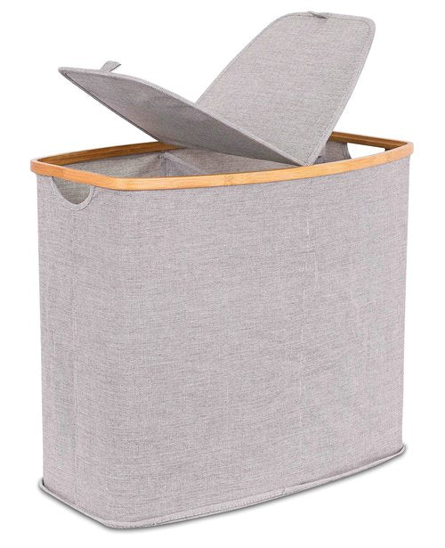 BirdRock Home Bamboo & Canvas Hamper | Double Laundry Basket with Lid | Divided Foldable Hamper | Cut Out Handles