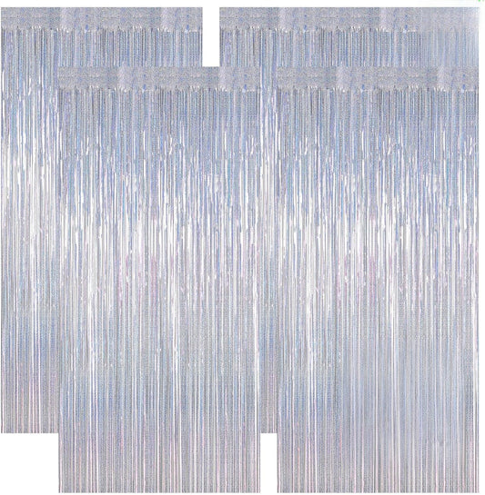 NYE Silver Tinsel Foil Curtain - 4 Pack Glitter Backdrop | 3.28 FT x 7.05 FT Metallic Party Decor